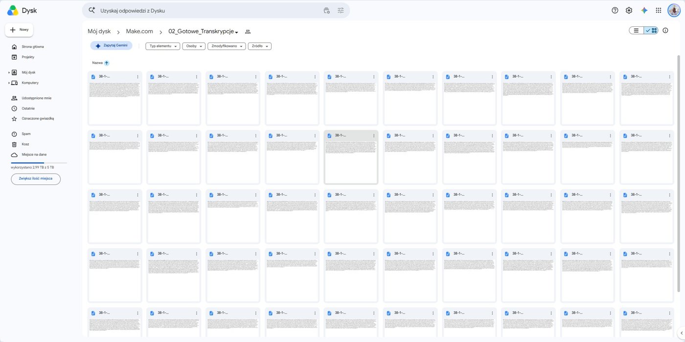 Folder z gotowymi transkrypcjami na Dysku Google