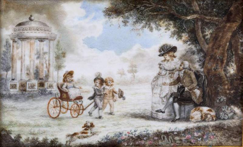 Hetman wielki koronny Franciszek Ksawery Branicki z żoną Aleksandrą z Engelhardtów i dziećmi (lata 80. XVIII w.); Aleksandra, „dama portretu” Katarzyny II, w 1794 r. zawierała w imieniu męża kontrakty dzierżawne dóbr białocerkiewskich oblatowane w tej księdze. Malarz nieznany, domena publiczna, Wikimedia Commons.