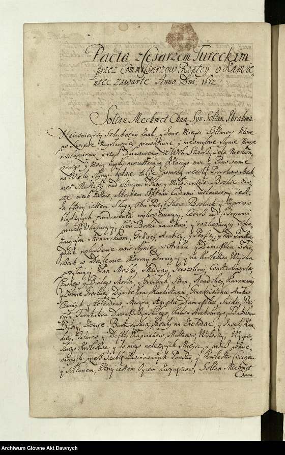 Pierwsza strona traktatu buczackiego (18 października 1672), na mocy którego Podole przeszło pod panowanie tureckie. Archiwum Główne Akt Dawnych, Wikimedia Commons, CC0.