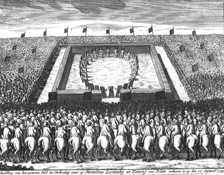 Elekcja Stanisława Leszczyńskiego na polu elekcyjnym pod Warszawą, 12 września 1733 r. – anonimowa rycina z XVIII w. Domena publiczna, Wikimedia Commons.