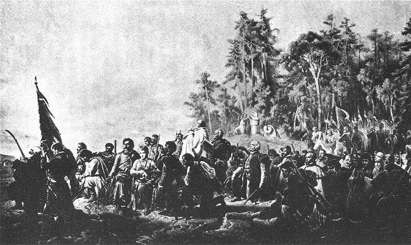 Artur Grottger, Modlitwa konfederatów barskich przed bitwą pod Lanckoroną (1863). Domena publiczna, Wikimedia Commons.