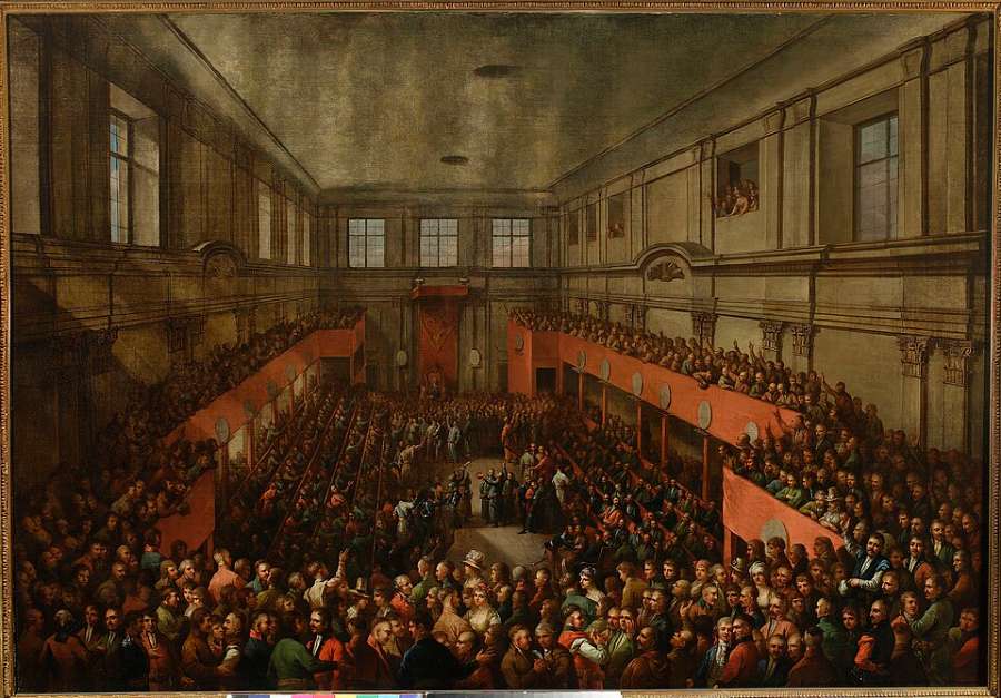 Kazimierz Wojniakowski, Uchwalenie Konstytucji 3 maja (1806) – Sejm Czteroletni, który w 1791 r. nadał prawa miastom królewskim. Muzeum Narodowe w Warszawie, domena publiczna, Wikimedia Commons.