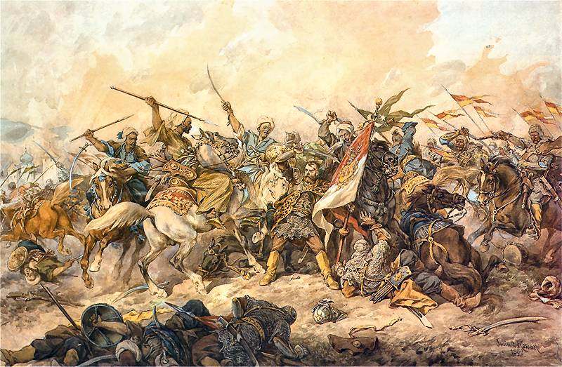Juliusz Kossak, Obrona sztandaru pod Chocimiem (1892). Domena publiczna, Wikimedia Commons.