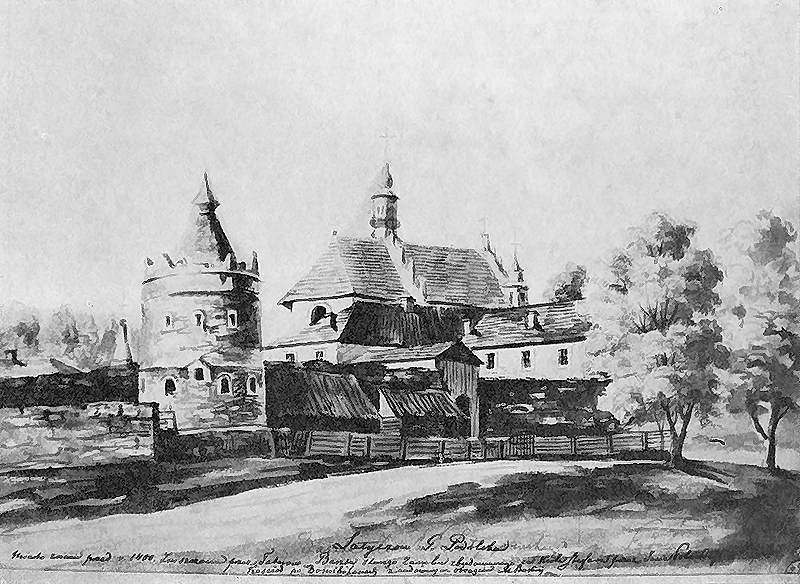 Napoleon Orda, Latyczów – baszta i mury zamku Potockich oraz kościół i klasztor podominikański (rysunek z XIX w.). Domena publiczna, Wikimedia Commons.