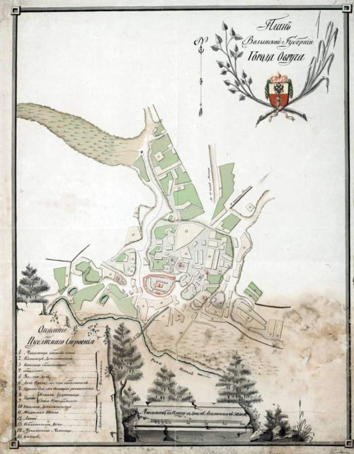 Plan miasta Owrucza z końca XVIII w. (gubernia wołyńska), z zamkiem pośrodku. W Owruczu – po utracie Kijowa – odbywały się sesje urzędu grodzkiego kijowskiego, w których oblatowano znaczną część odpisów z księgi 2-1-1. Domena publiczna, Wikimedia Commons.