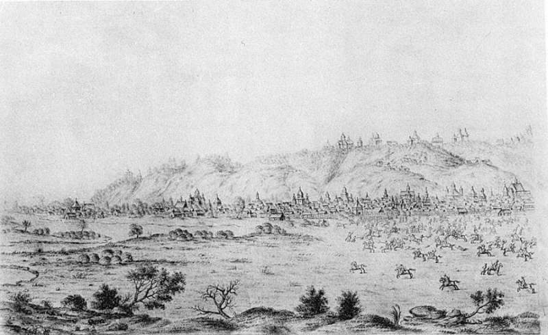 Abraham van Westerveld, Widok Kijowa od północy (1651) – rysunek z wyprawy hetmana Janusza Radziwiłła, lewa część panoramy. Domena publiczna, Wikimedia Commons.
